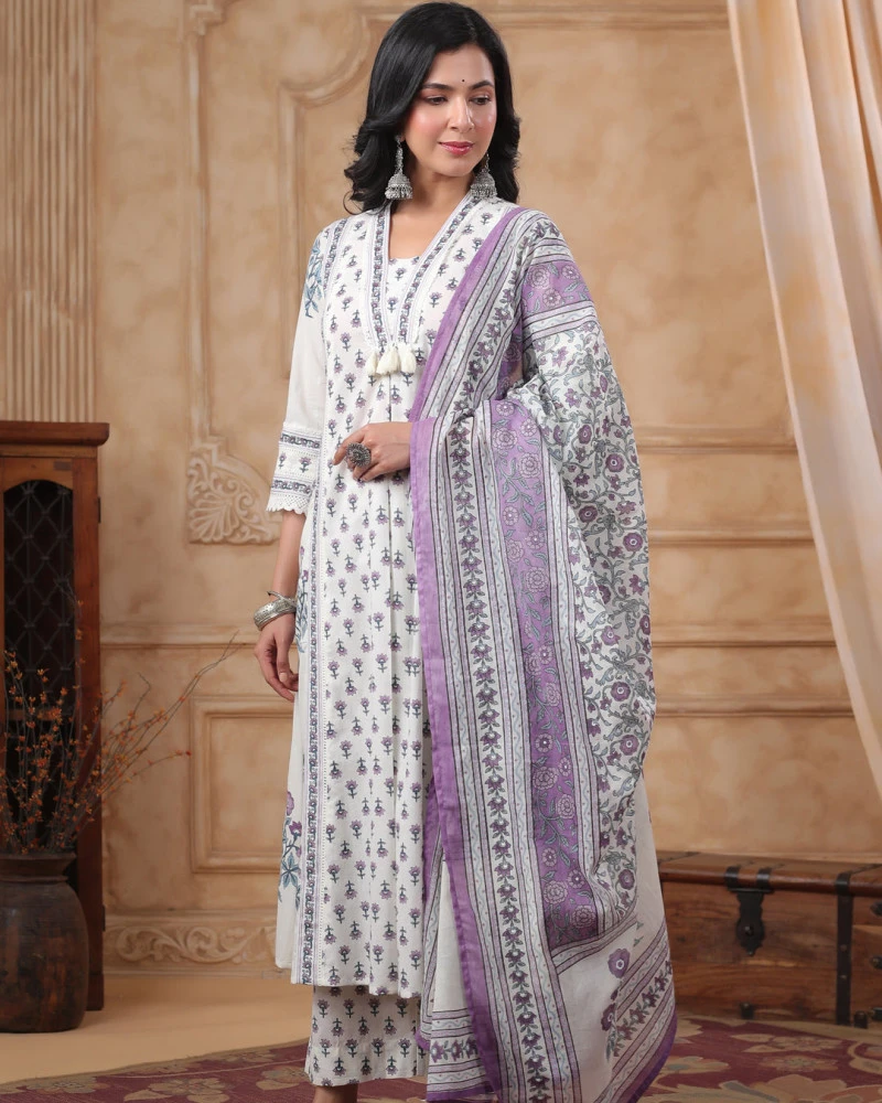 Anarkali Cotton Three-Piece White + Blue Print