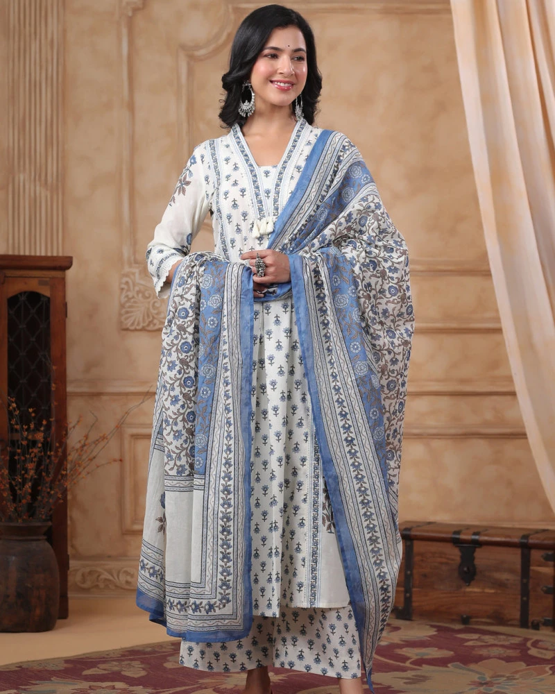 Anarkali Cotton Three-Piece White + Blue Print